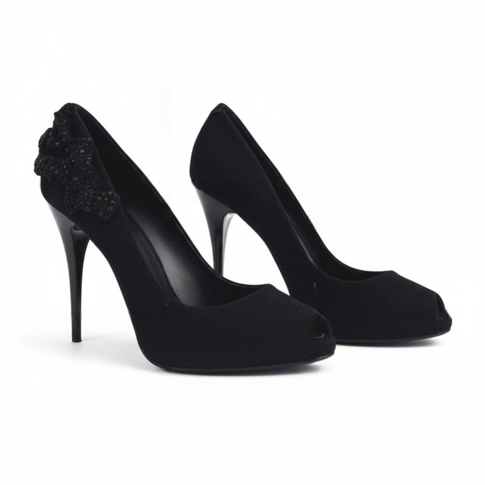 Giuseppe Zanotti Black Suede Bow Embellished Peep Toe Stiletto Sandals 37 EU